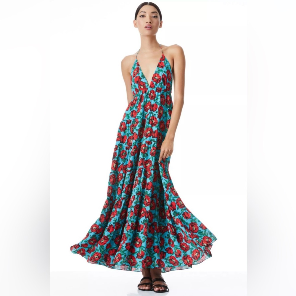 Alice + Olivia Red and Green Tiered Maxi Sundress